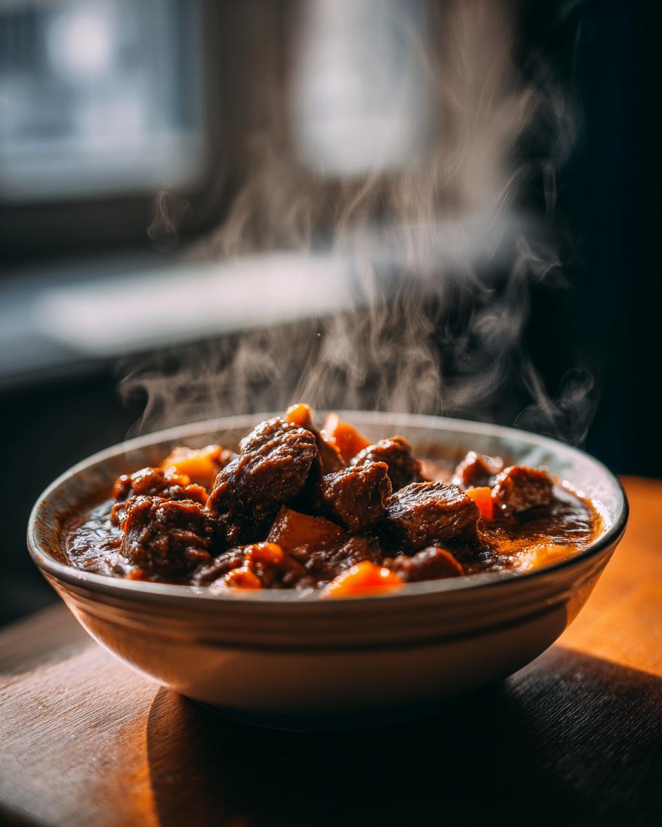 A steaming bowl of Ultimate Slow Cooker Pork Stew, filled with tender pork and vegetables.