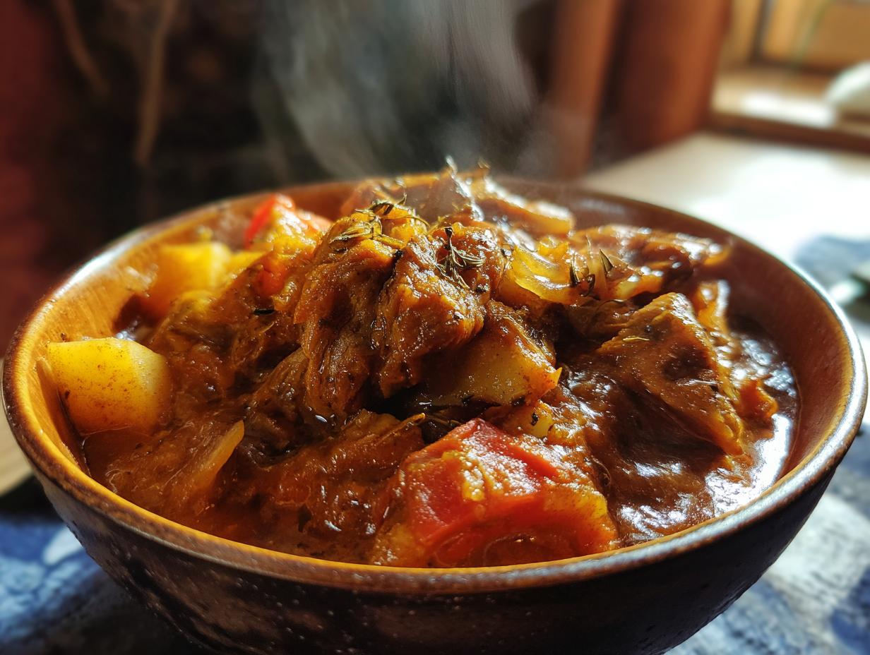 A steaming bowl of Ultimate Slow Cooker Pork Stew, filled with tender pork, potatoes, and vegetables.