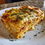 A single slice of Slow Cooker Ravioli Lasagna on a white plate, topped with melted cheese and parsley.