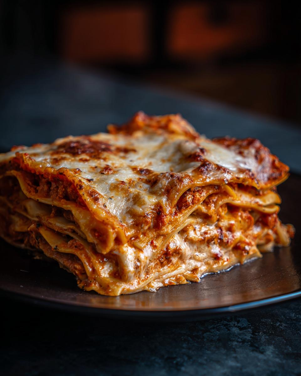 A delicious slice of Slow Cooker Ravioli Lasagna, layered with cheese and sauce on a dark plate.