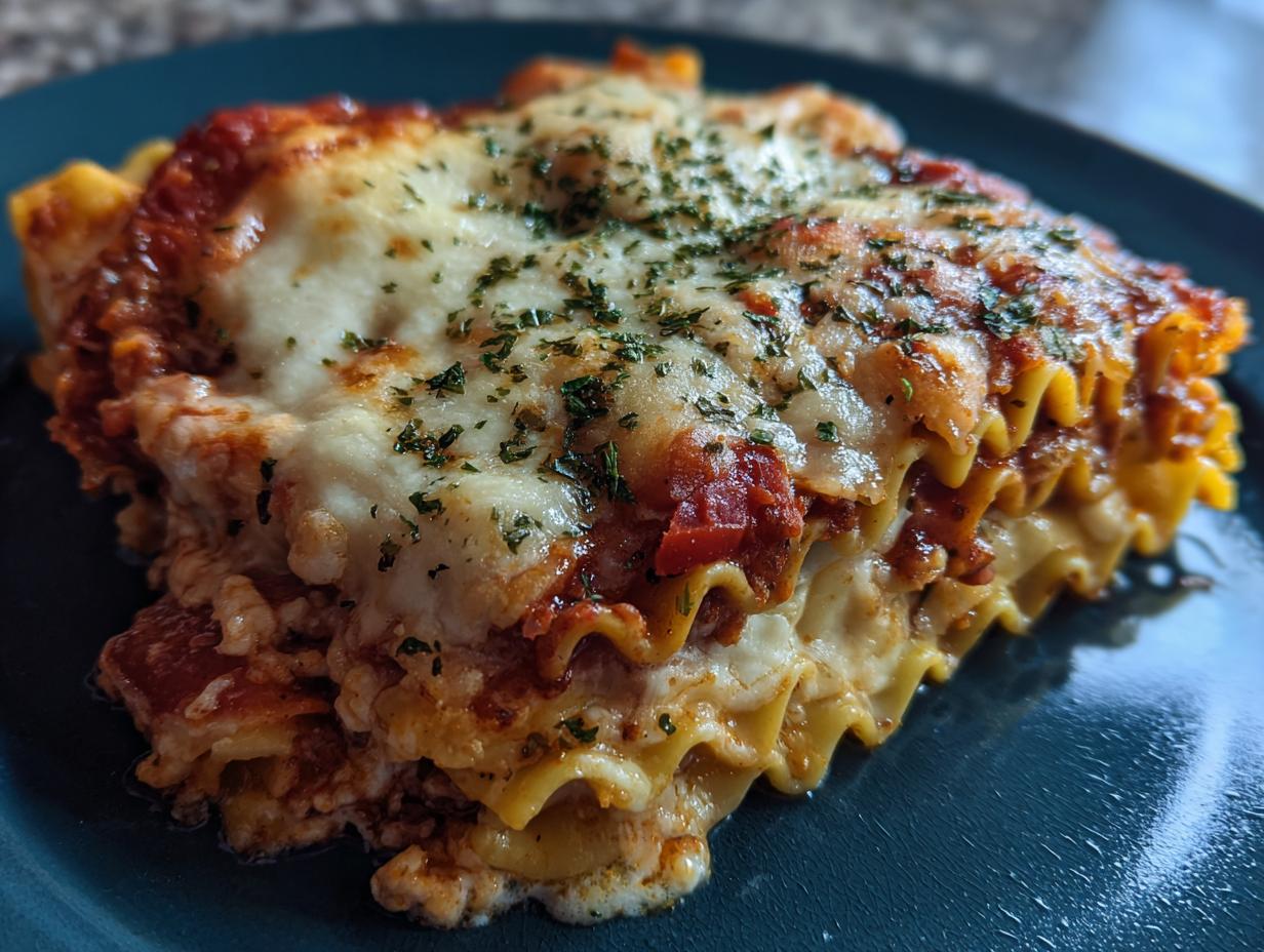 A delicious slice of Slow Cooker Ravioli Lasagna, showcasing layers of ravioli, sauce, and melted cheese.