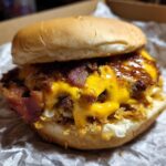 A tempting Smash Burger with melted cheese, crispy bacon, and a glossy bun, ready to eat.