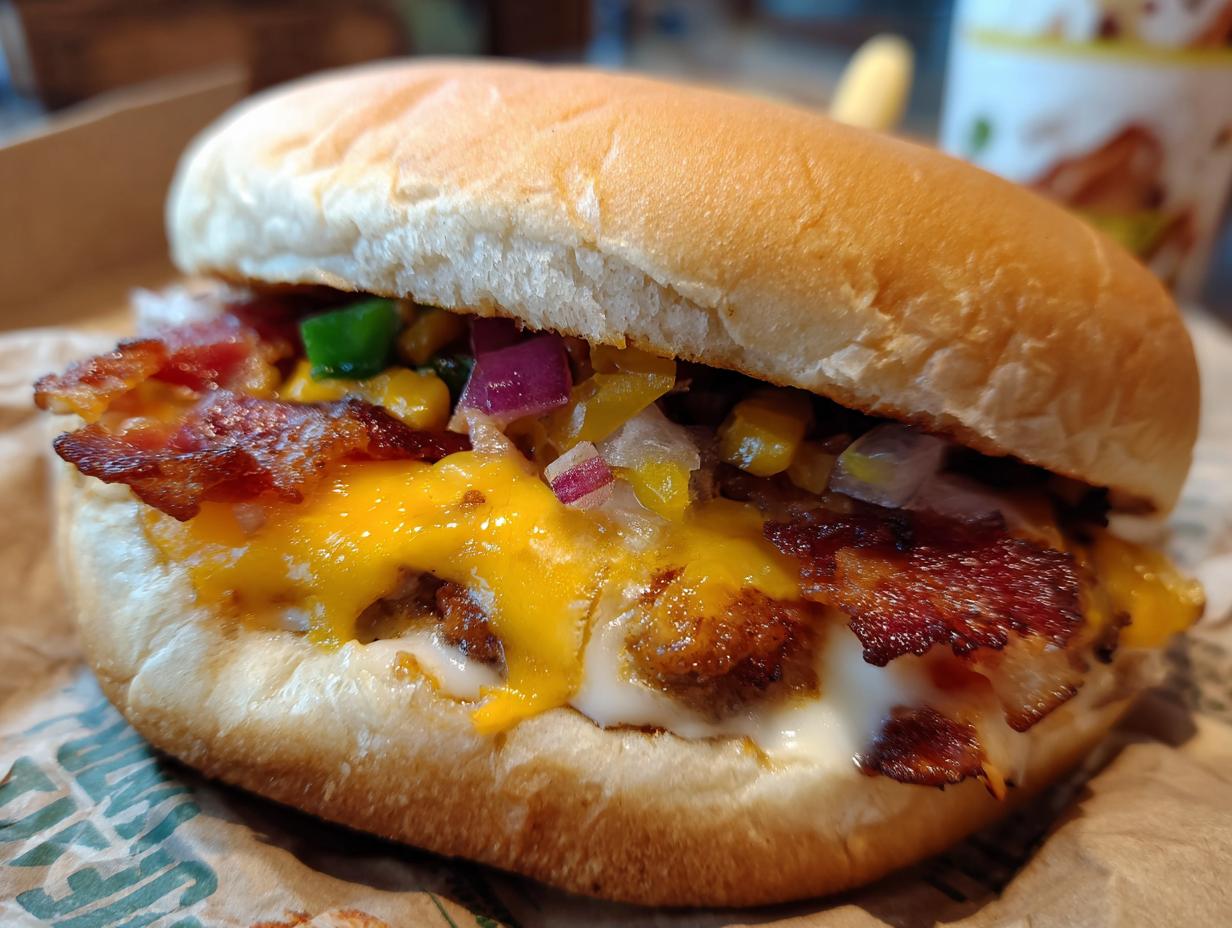 Close-up of a smash burger featuring bacon, melted cheese, and colorful toppings on a bun. The Smash Burger is mouthwatering.