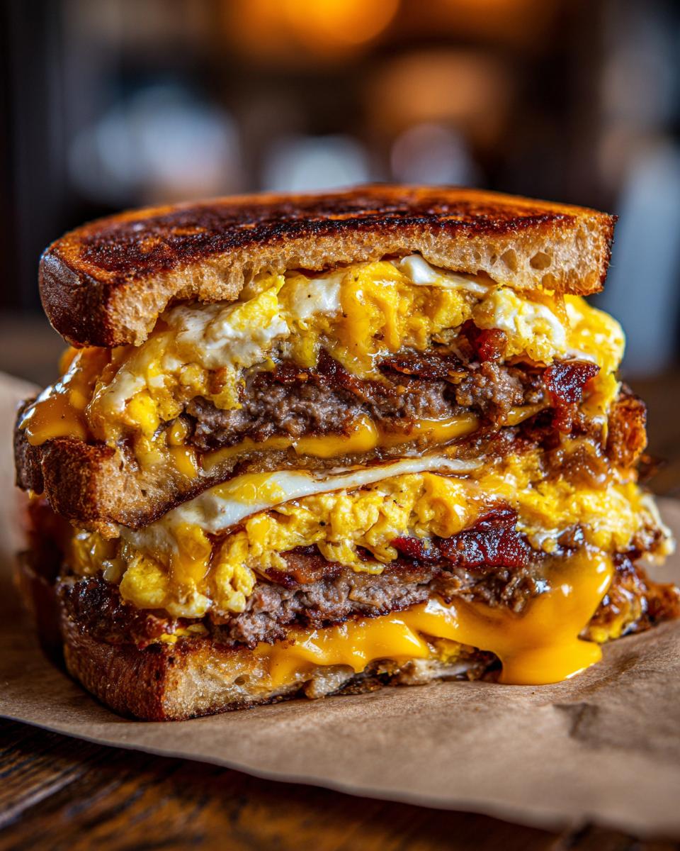 A towering smash burger featuring layers of beef patties, cheese, bacon, and fried eggs between toasted bread.