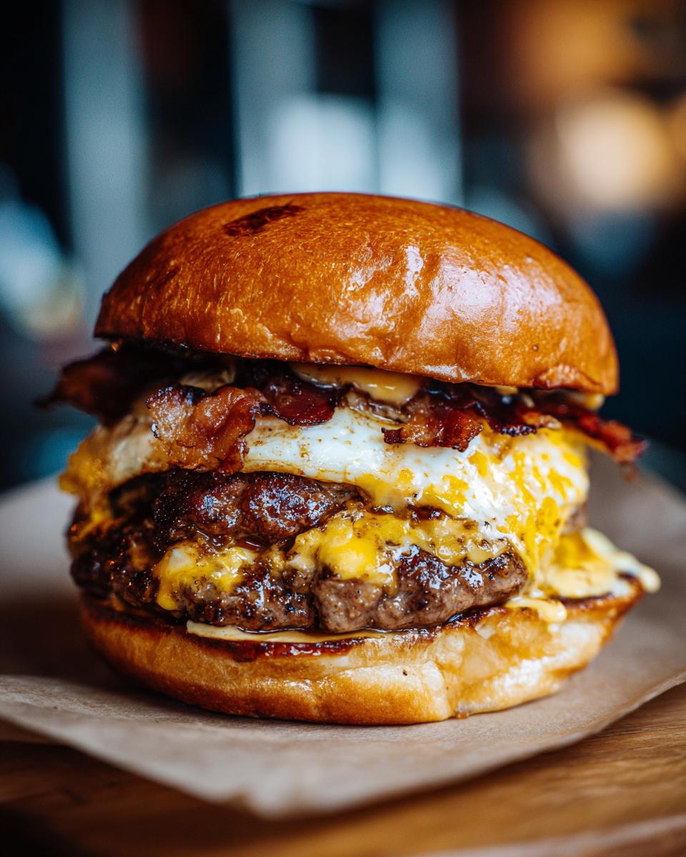 A juicy The Smash Burger topped with a fried egg, crispy bacon, and melted cheese, served on a brioche bun.