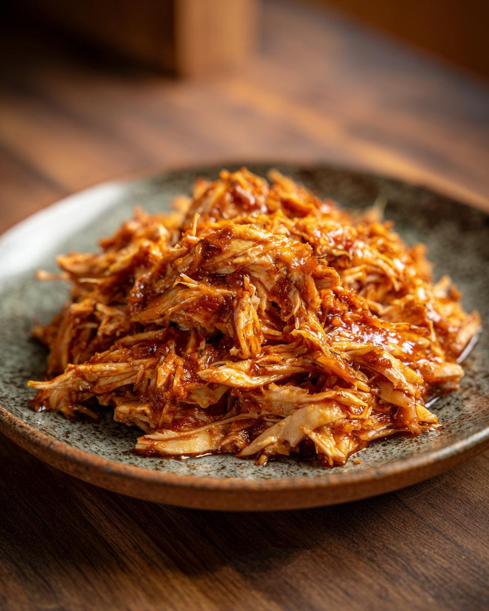 Close-up of Smoky & Quick Chicken Tinga served on a rustic plate, showcasing its rich sauce and shredded texture.
