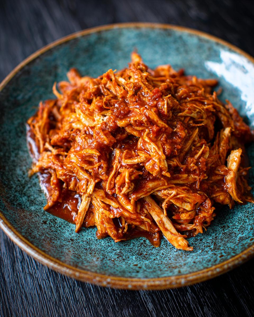 Close-up of Smoky & Quick Chicken Tinga on a blue speckled plate, showcasing the shredded chicken and smoky sauce.