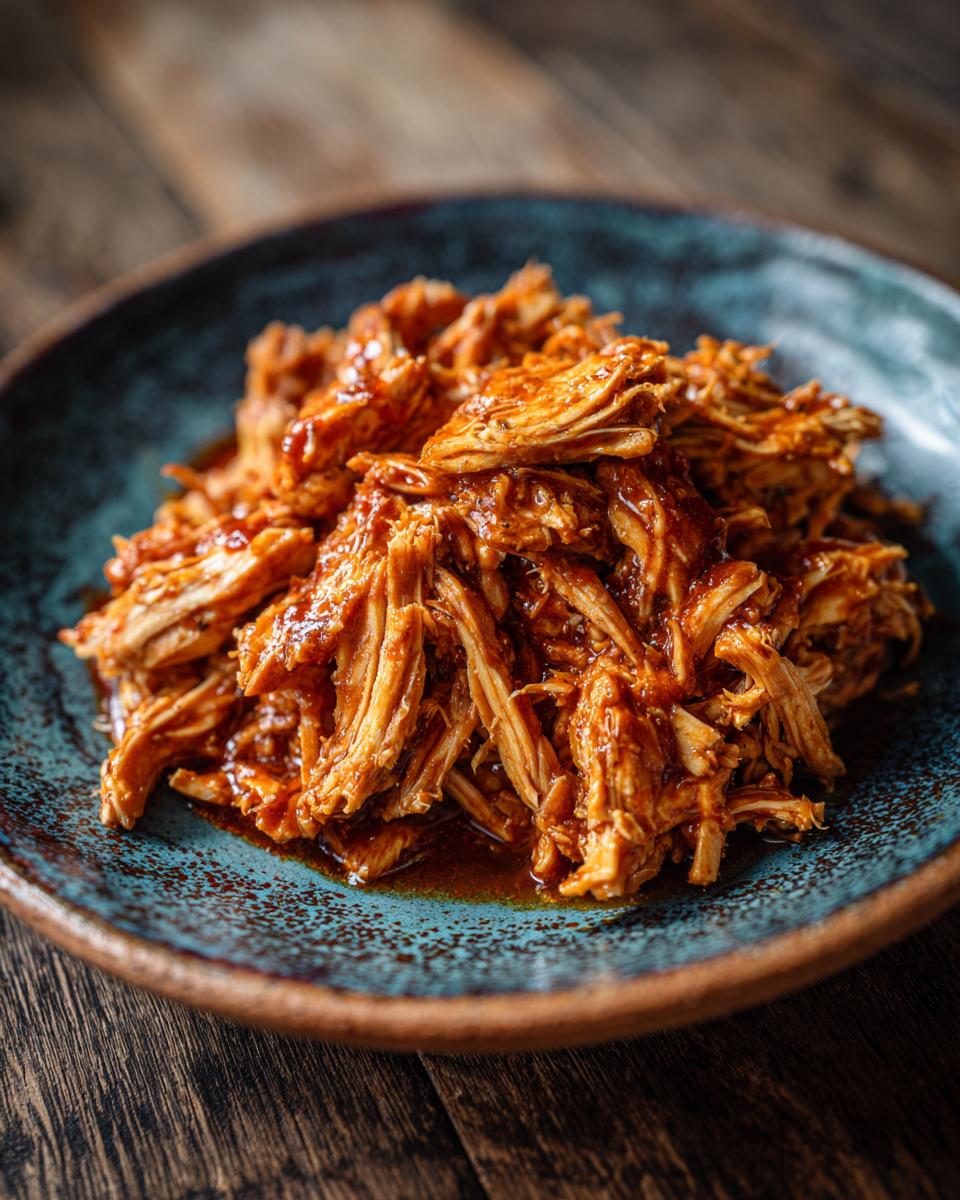 Close-up of Smoky & Quick Chicken Tinga served on a blue ceramic plate, showcasing the shredded chicken and smoky sauce.