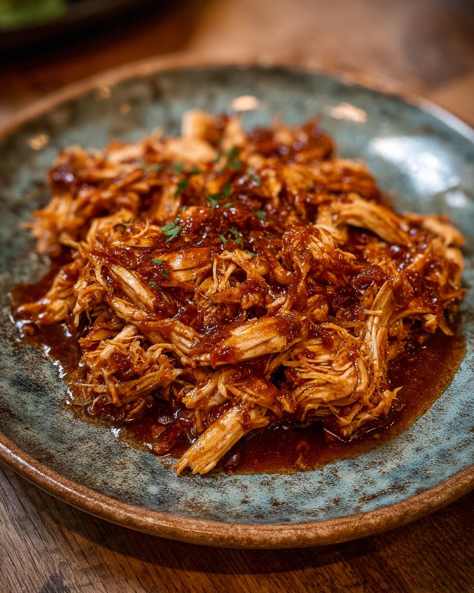 Close-up of Smoky & Quick Chicken Tinga served on a rustic blue plate, garnished with herbs.