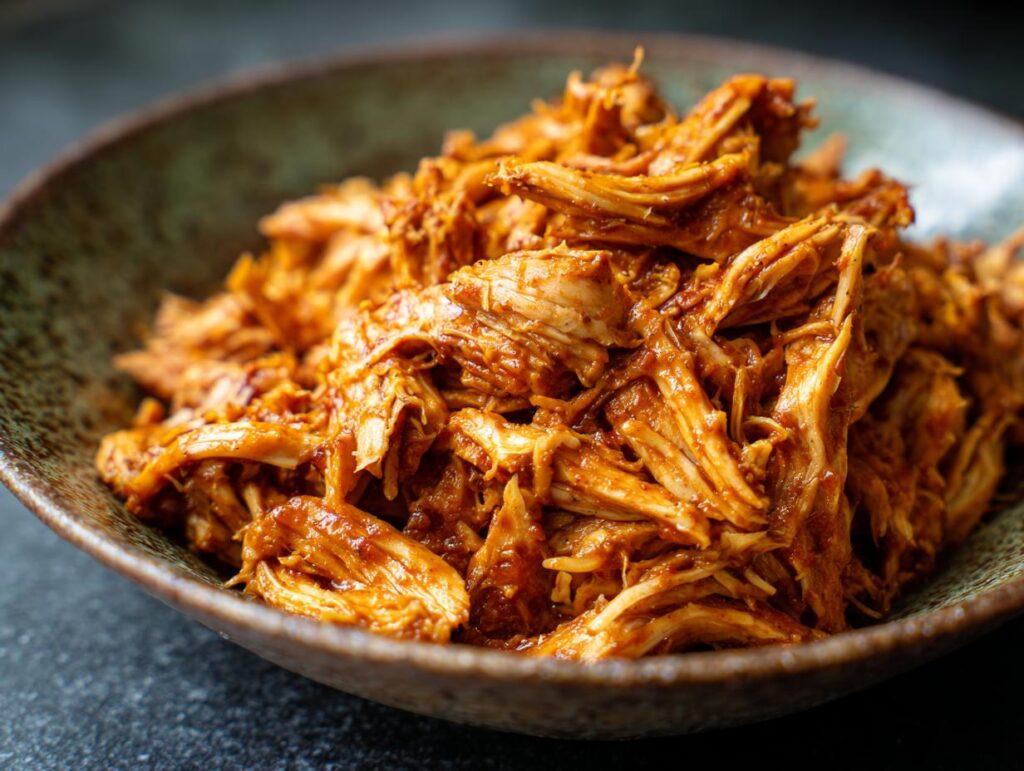 Close-up of Smoky & Quick Chicken Tinga in a rustic bowl, ready to serve.