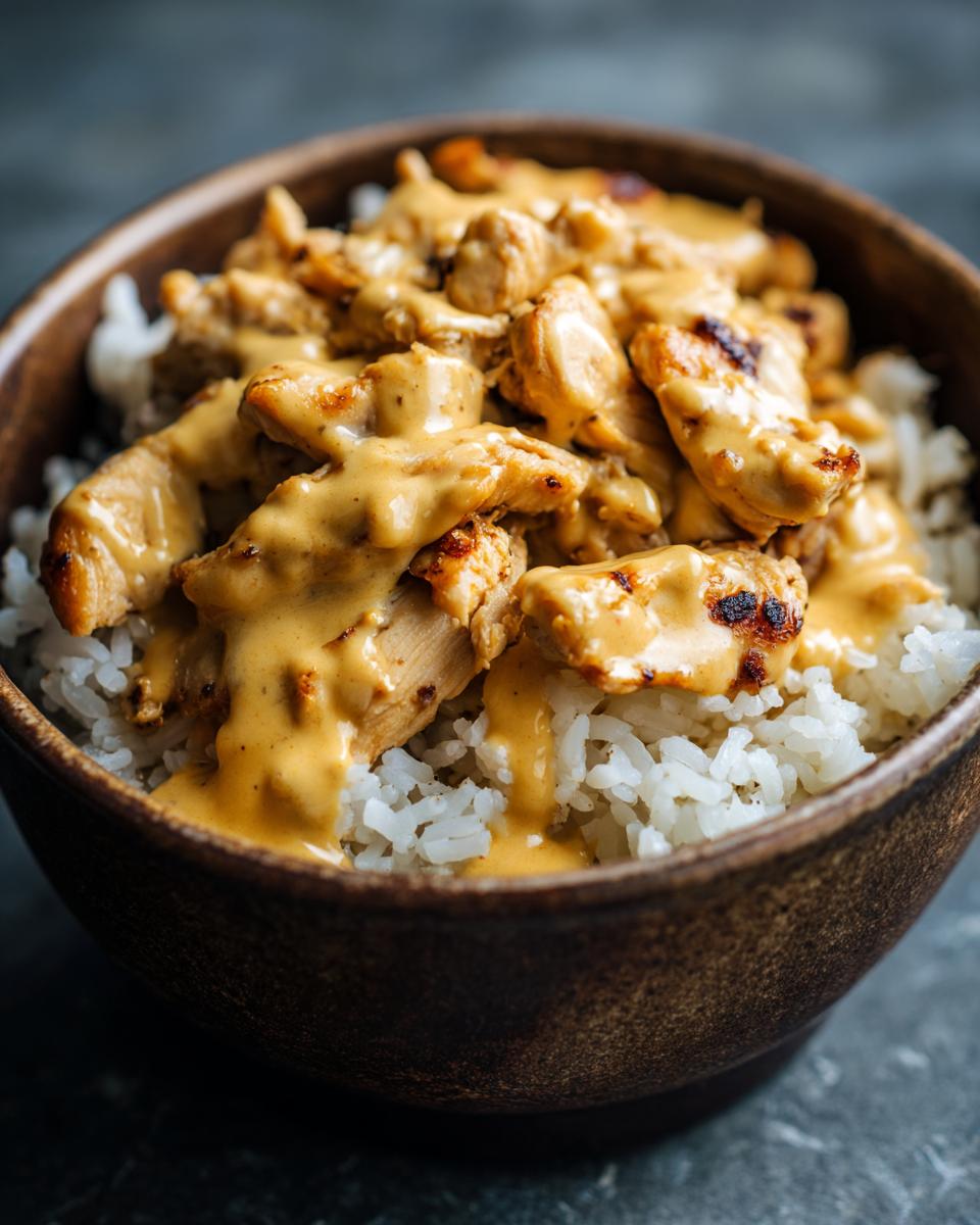 A rustic bowl filled with fluffy rice and topped with creamy smothered chicken. A perfect Smothered Chicken Rice meal.