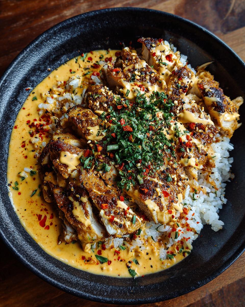 A bowl of smothered chicken rice, topped with herbs and spices, sitting on a wooden table.
