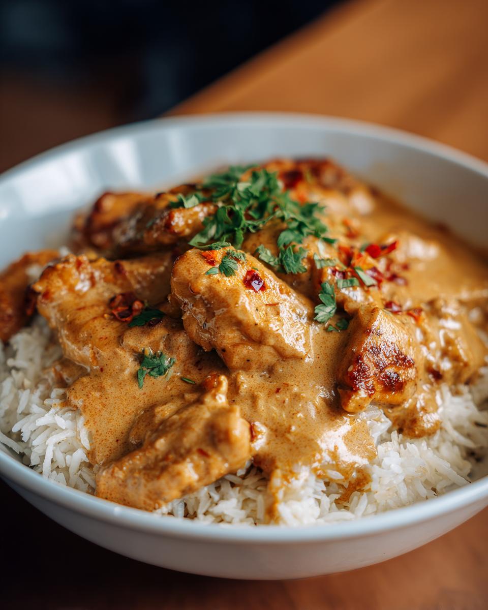 A bowl of Smothered Chicken Rice, garnished with parsley and chili flakes, ready to eat.