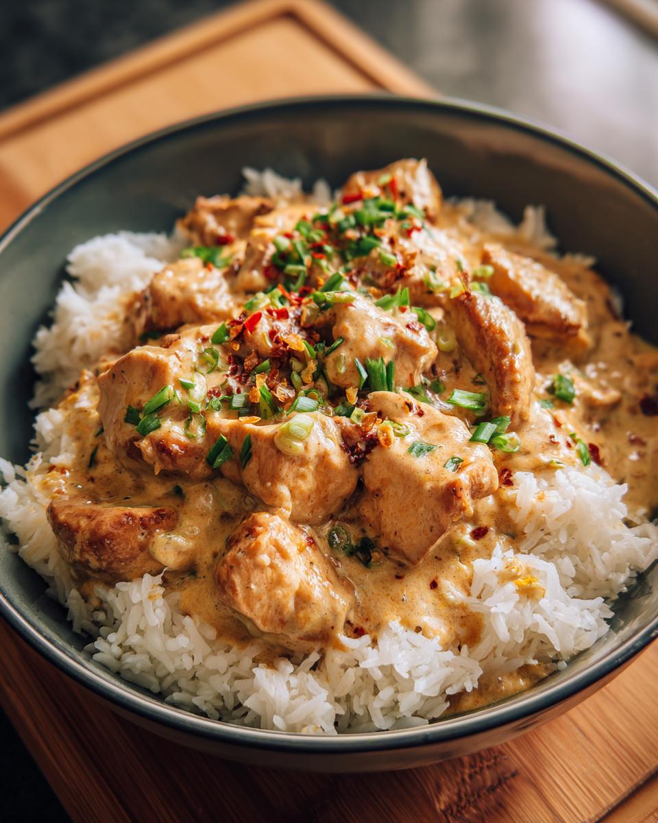 Bowl of Smothered Chicken Rice, featuring tender chicken pieces in a creamy sauce over fluffy white rice.