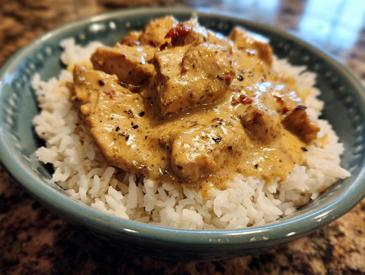 A bowl of Smothered Chicken Rice featuring tender chicken pieces in a creamy sauce over fluffy white rice.