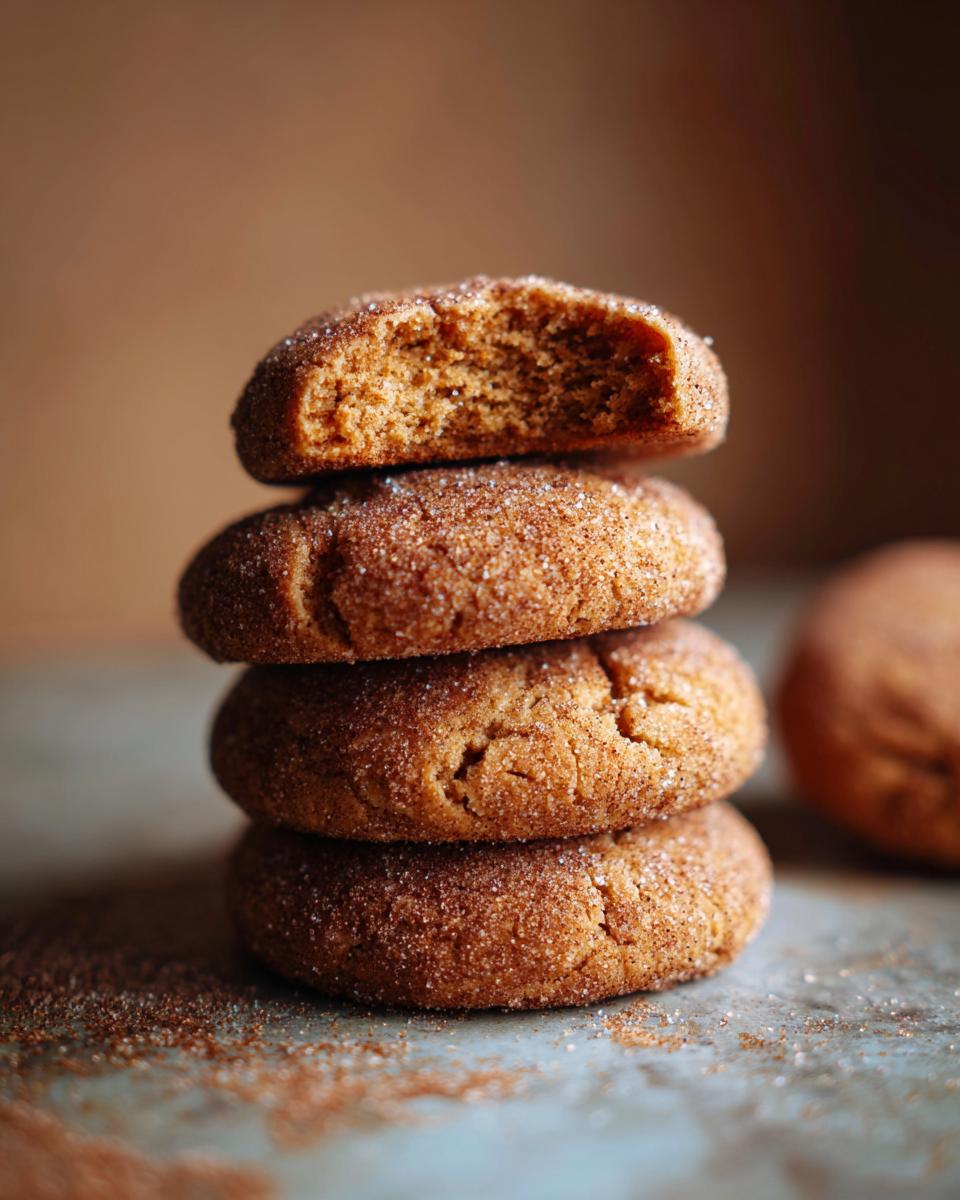 Stack of soft & chewy brown sugar cinnamon cookies, one with a bite taken out, showing the texture.