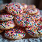 Pile of Soft & Chewy No-Chill Christmas Sprinkle Sugar Cookies on a white plate, covered in colorful sprinkles.