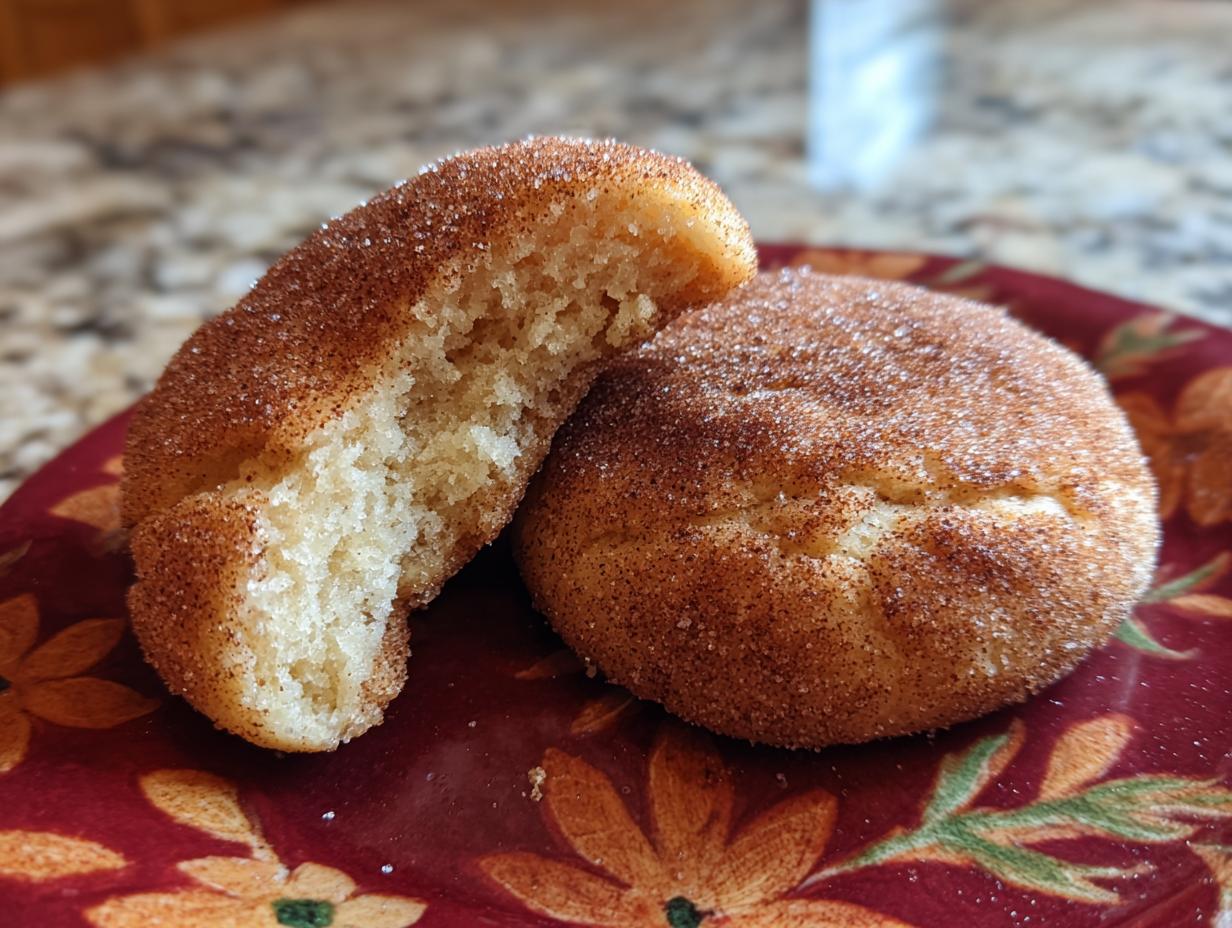 Close-up of a soft & chewy churro cookie, one half cut open to show the texture, sitting on a decorative plate.