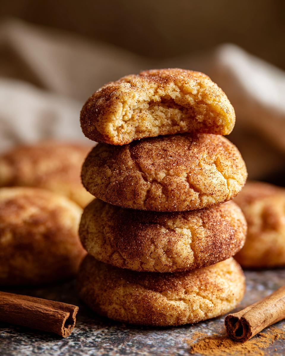 A stack of four Soft & Chewy Churro Cookies, one with a bite taken out, next to cinnamon sticks.