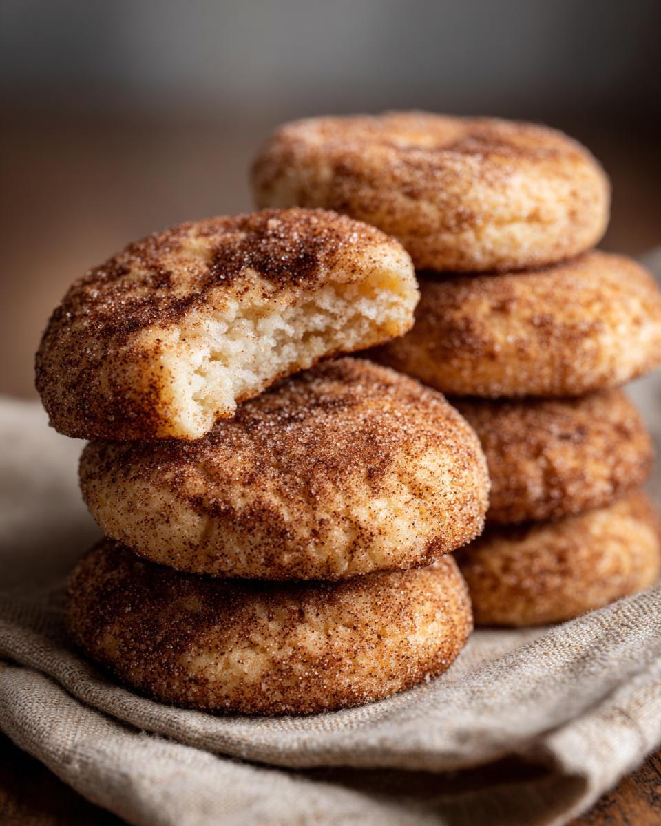 A stack of soft & chewy churro cookies, one with a bite taken out, showing the texture.