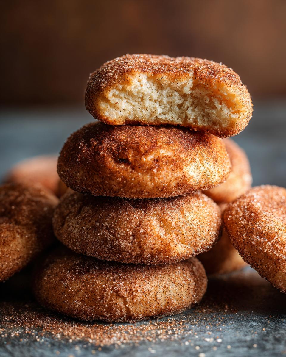 A stack of soft & chewy churro cookies, the top one with a bite taken out, showing the inside texture.