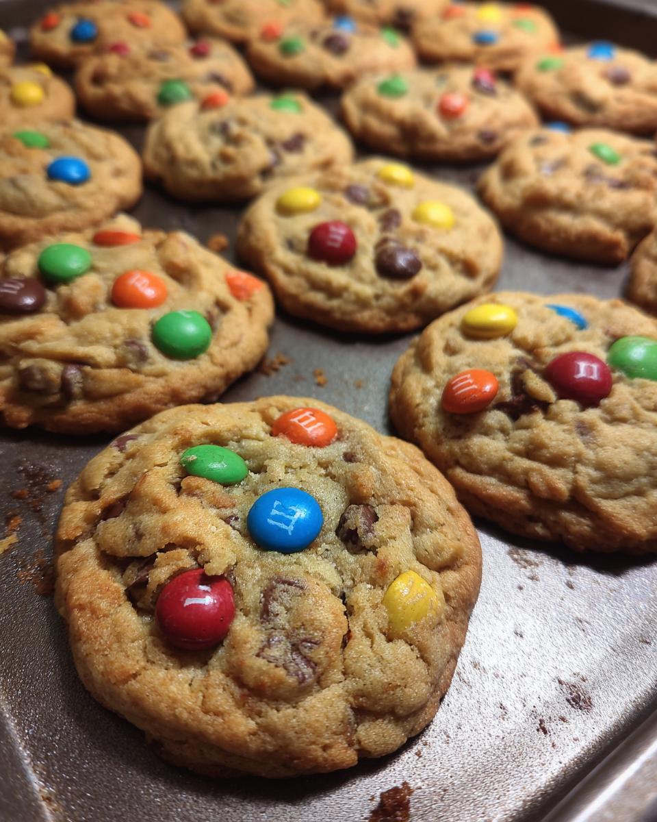 Close-up of freshly baked Best Soft & Chewy M&M Cookies on a baking sheet, showcasing their soft texture and colorful candies.