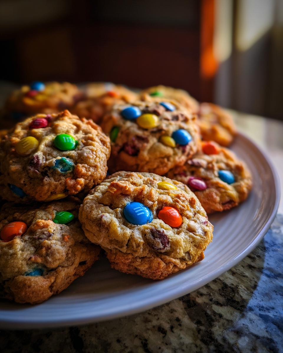 A plate piled high with Grandma's Best Soft & Chewy M&M Cookies, featuring colorful M&Ms.