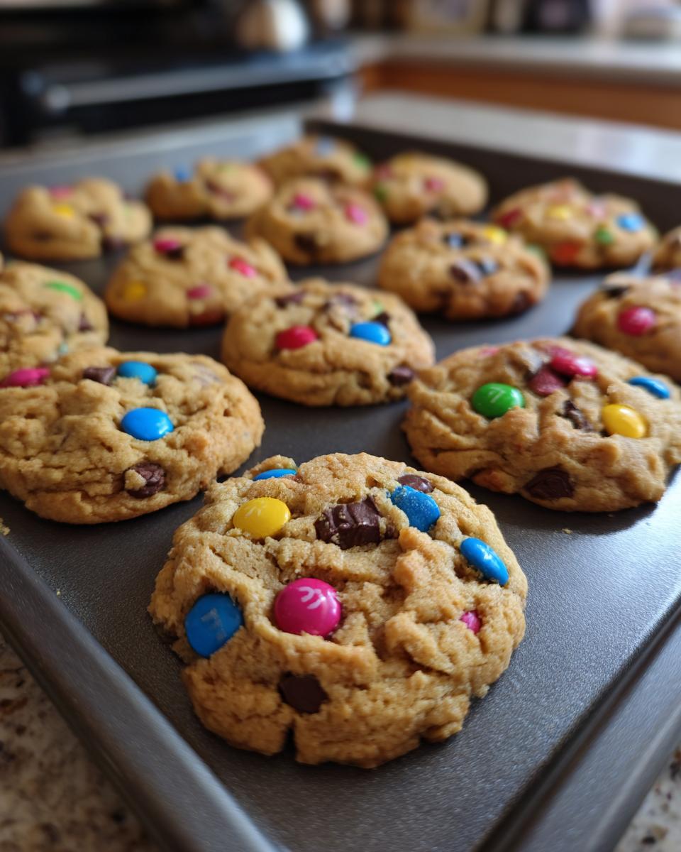A tray of freshly baked Best Soft & Chewy M&M Cookies, featuring colorful M&Ms and chocolate chunks.