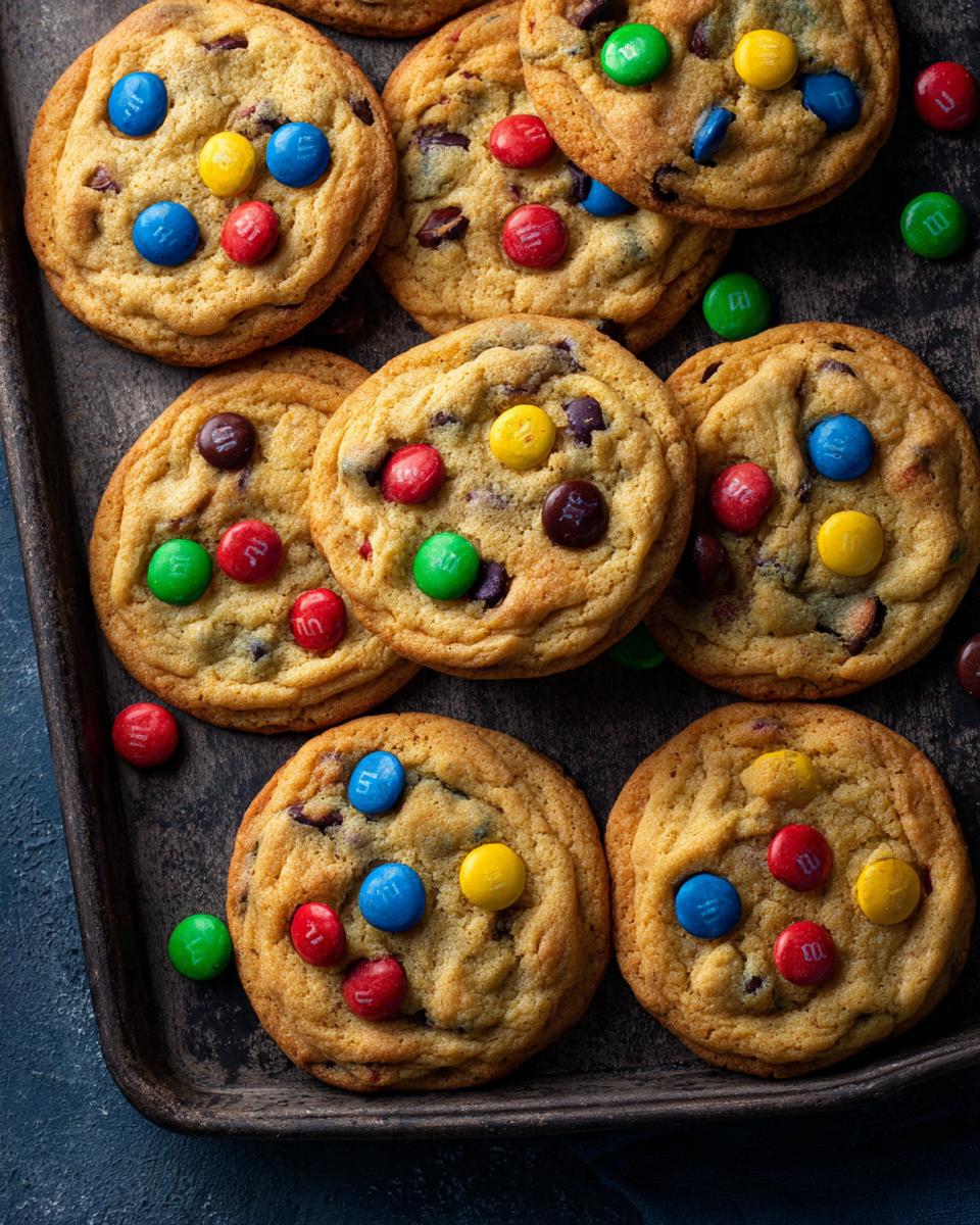 A batch of freshly baked Best Soft & Chewy M&M Cookies on a dark baking sheet, featuring colorful M&Ms.