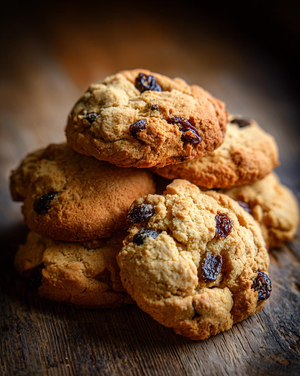A stack of the BEST Soft & Chewy Oatmeal Raisin Cookies on a rustic wooden surface.