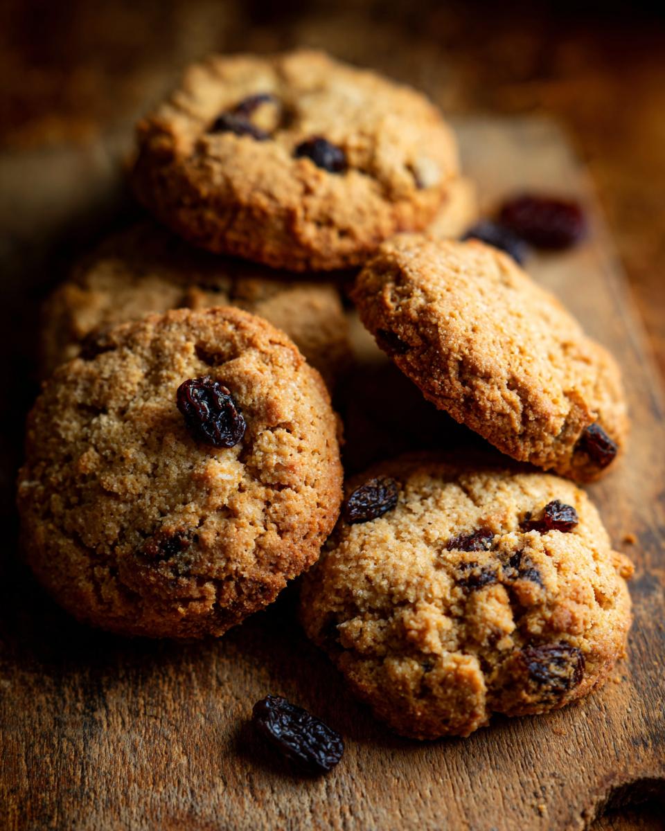 A stack of The BEST Soft & Chewy Oatmeal Raisin Cookies on a wooden board, showcasing their texture and raisin filling.