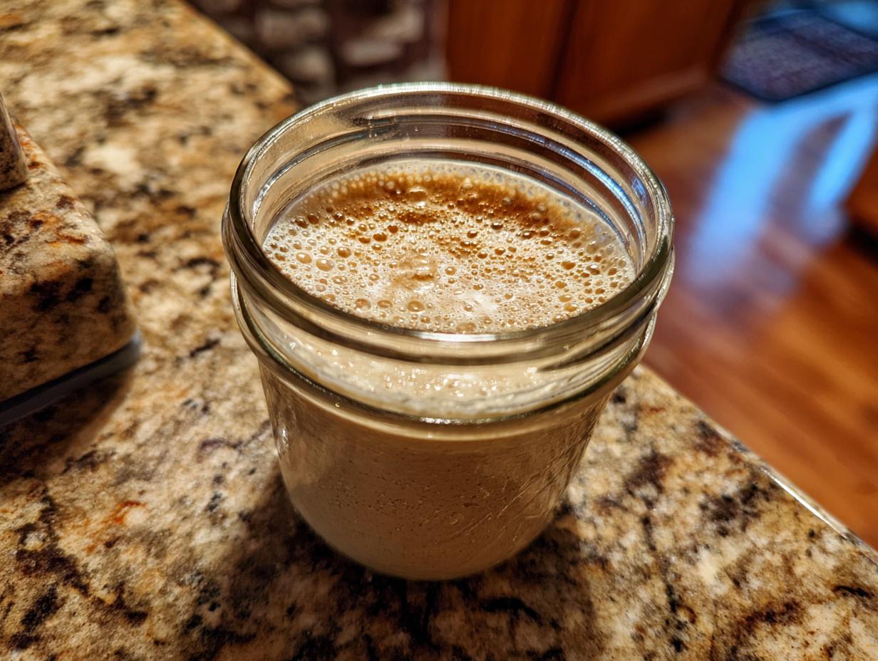 Image of an active sourdough starter in a glass jar, showing bubbles and signs of fermentation. Master Your Sourdough Starter.
