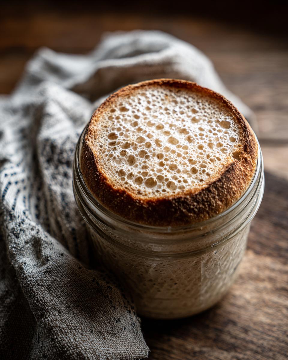Close-up of a bubbly, active sourdough starter in a glass jar, ready for baking. Master Your Sourdough Starter now!