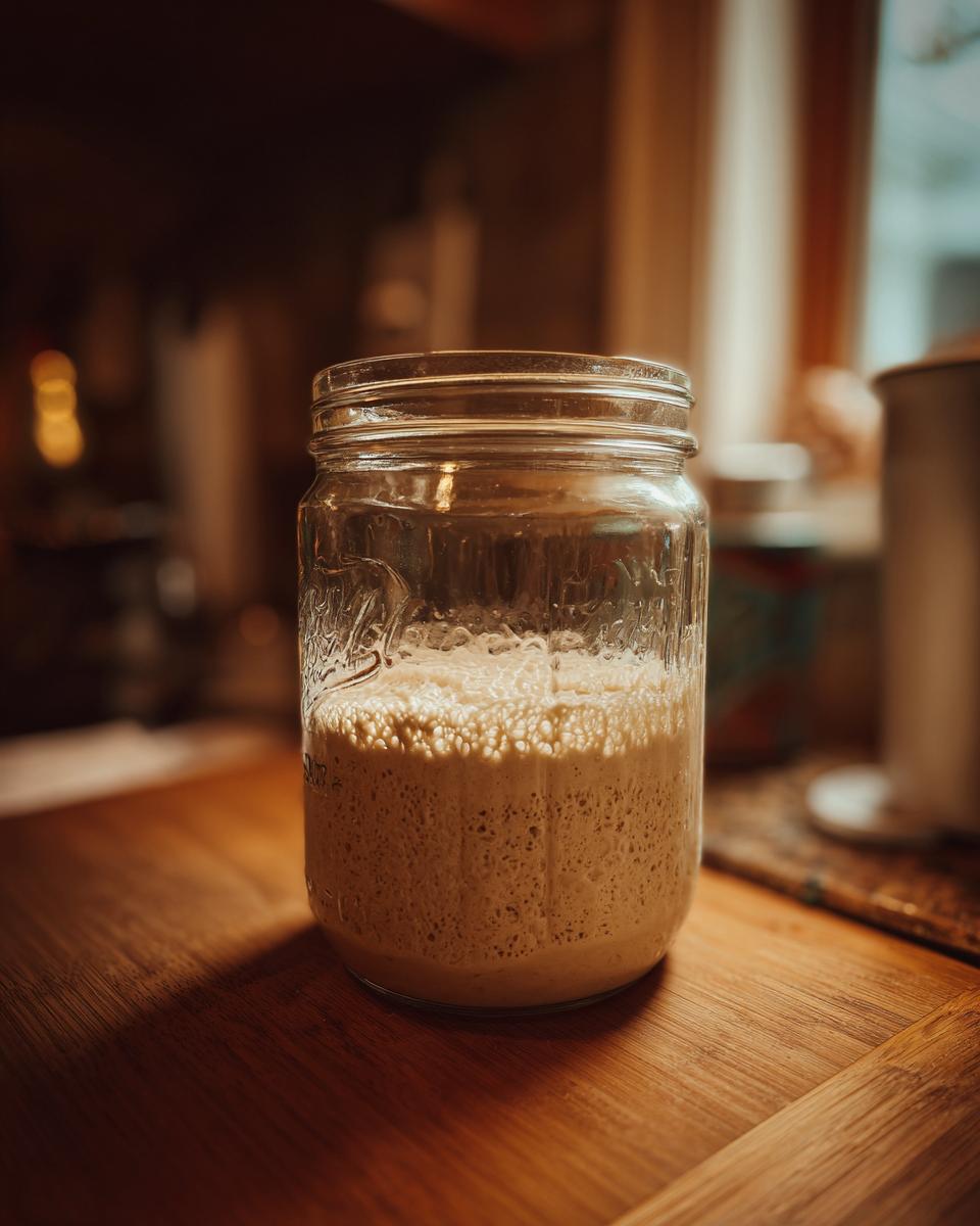 A glass jar filled with an active, bubbly Master Your Sourdough Starter on a wooden surface.