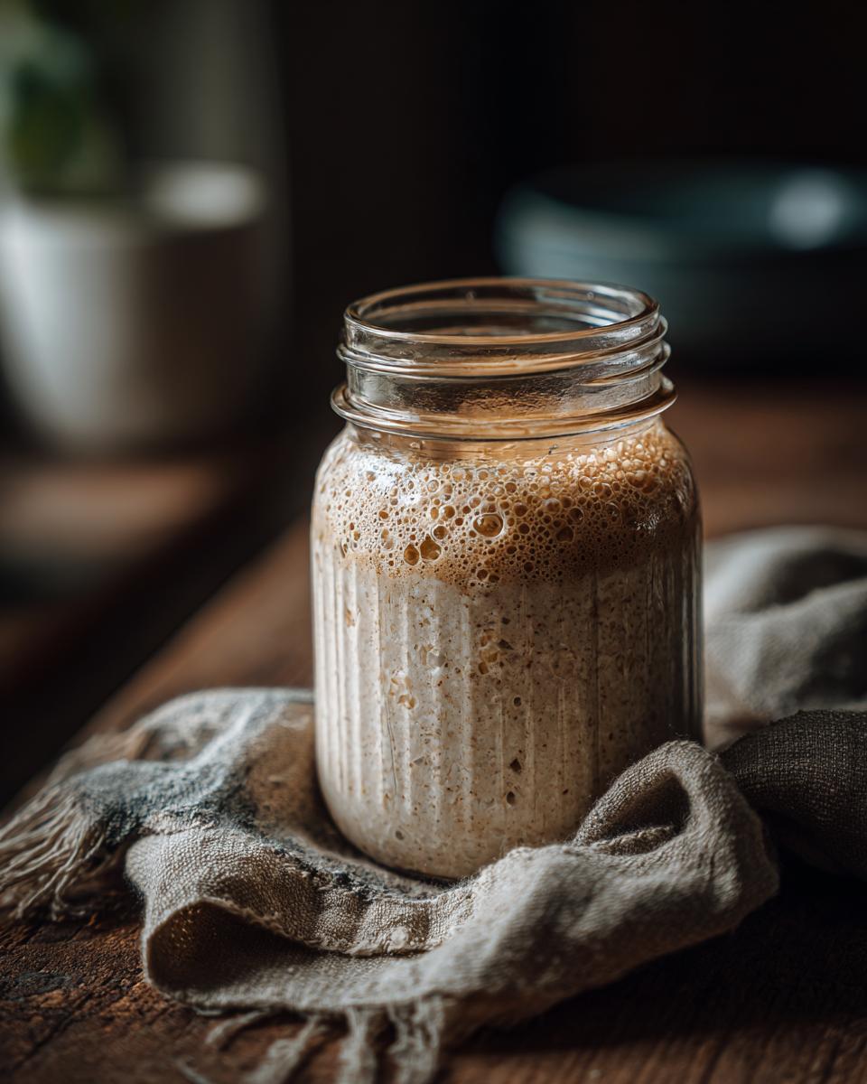 Close-up of a bubbly Master Your Sourdough Starter in a glass jar on a rustic cloth and wooden surface.
