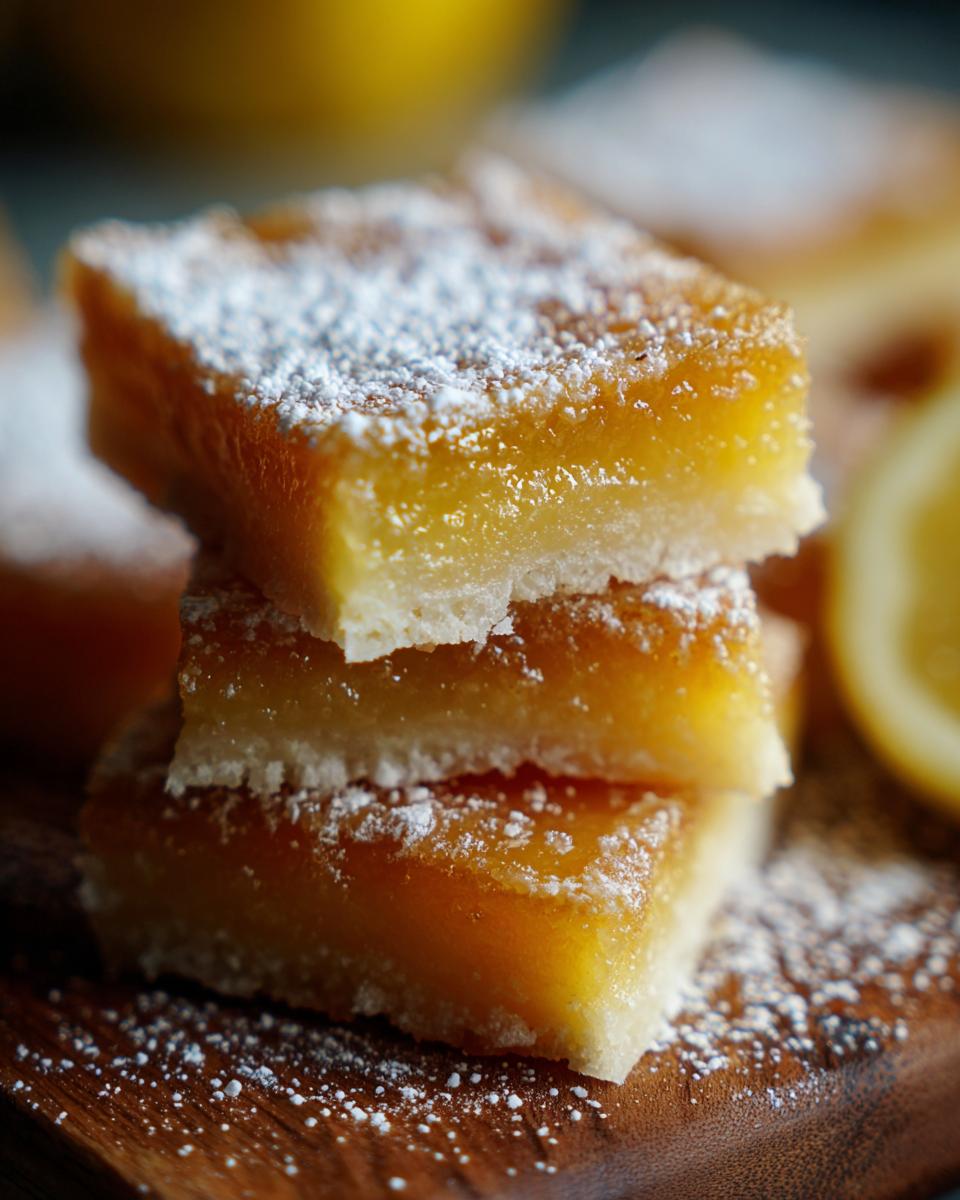 A stack of three lemon bars dusted with powdered sugar, showcasing the zesty filling and shortbread crust.