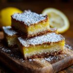 Three lemon bars stacked on a wooden board, dusted with powdered sugar. Fresh lemons in the background.