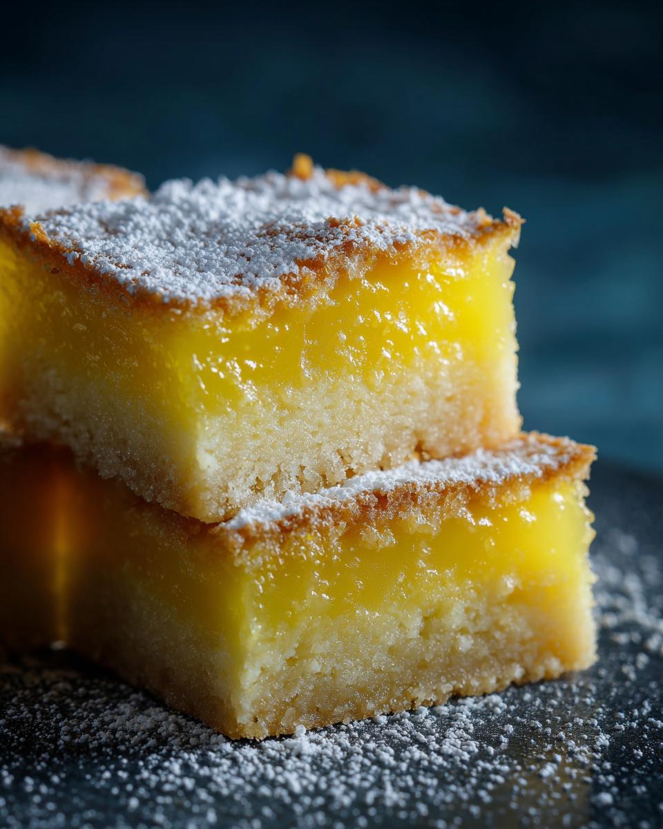 Close-up of two stacked Lemon Bars dusted with powdered sugar, showcasing the crust and lemon filling.