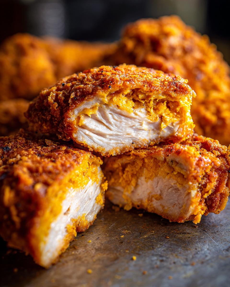 Close-up of crispy Star Chicken, cut in half to show the juicy interior. Golden-brown breading.