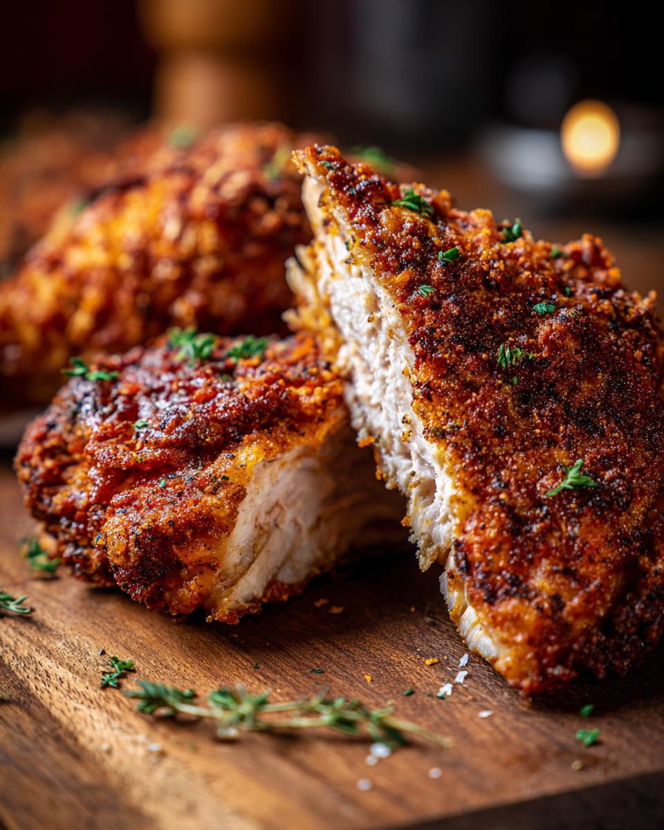 Close-up of a piece of Star Chicken, cut open to show the juicy interior, on a wooden cutting board.