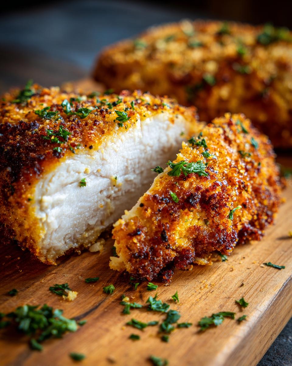 Close-up of sliced Star Chicken cutlet with golden-brown breading and parsley garnish on a wooden board.