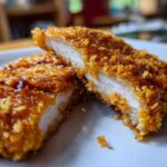Close-up of sliced Star Chicken cutlet with a crispy golden-brown breading on a white plate.