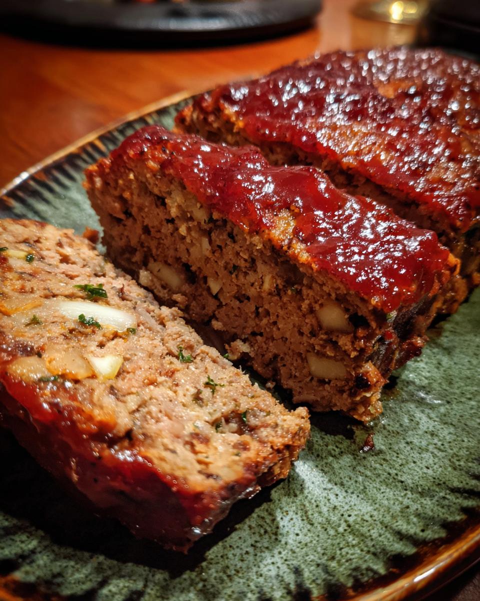 Slices of juicy Stove Top Stuffing Meatloaf with a glaze, showcasing the stuffing and meat texture.