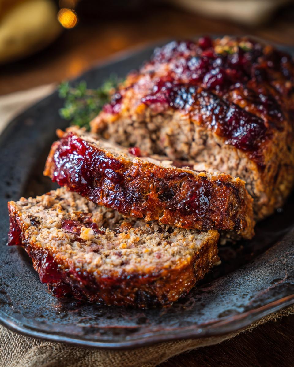 Slices of Juicy Stove Top Stuffing Meatloaf with a cranberry glaze on a dark plate.