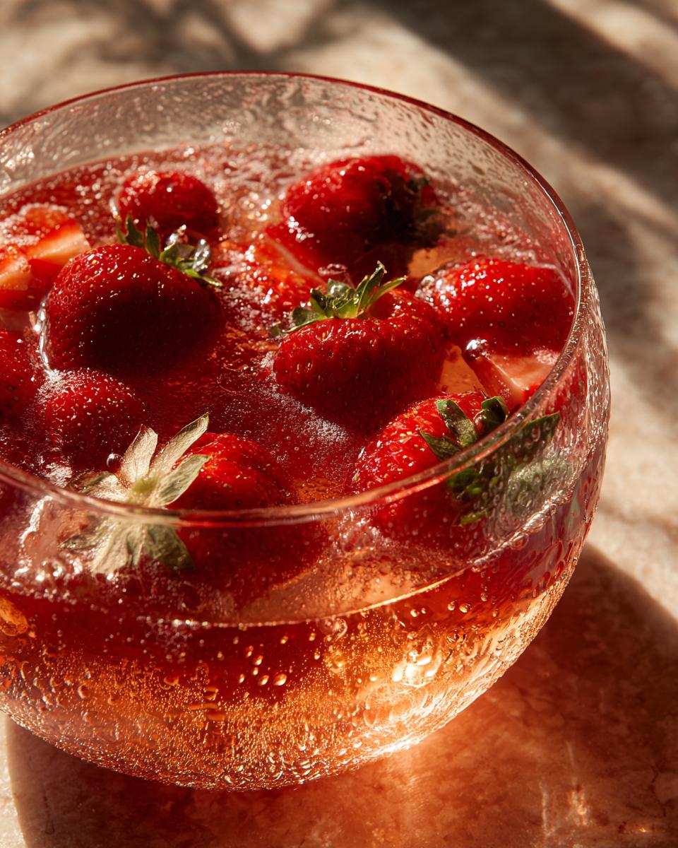 Close-up of Easy & Festive Strawberry Champagne Punch in a glass bowl with fresh strawberries.