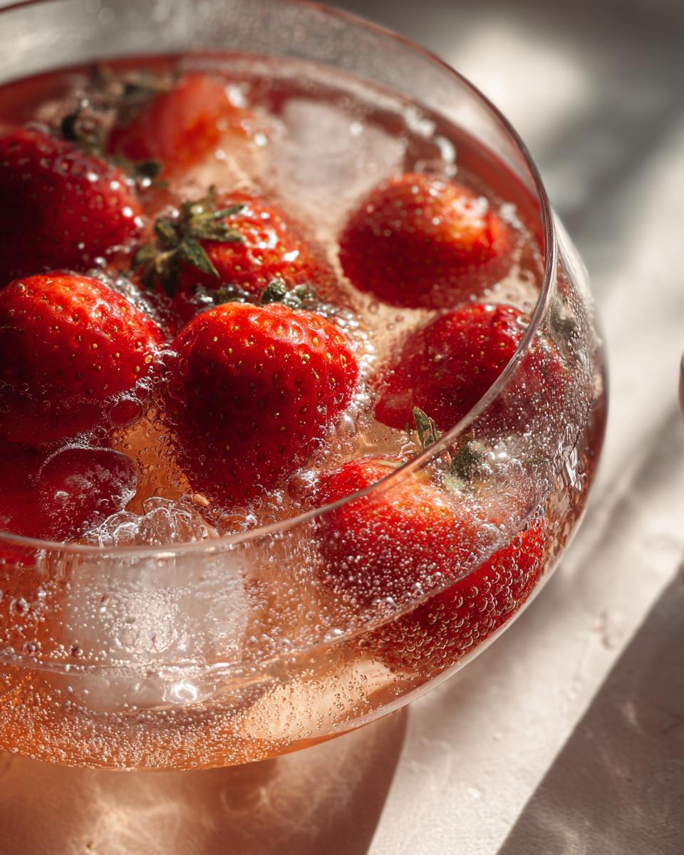 Close-up of Easy & Festive Strawberry Champagne Punch in a glass bowl with fresh strawberries and ice.