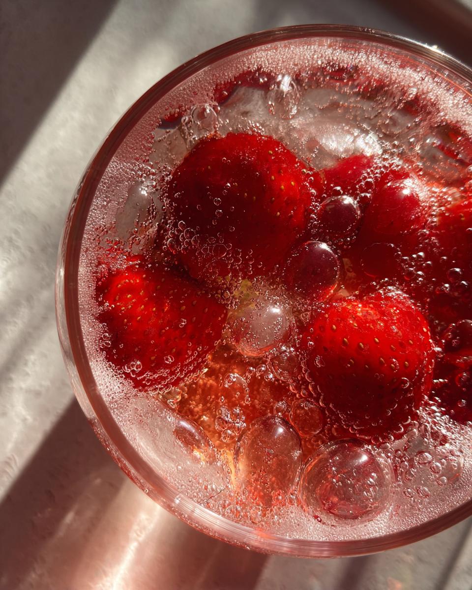 Overhead shot of Easy & Festive Strawberry Champagne Punch with fresh strawberries and bubbles in a glass.