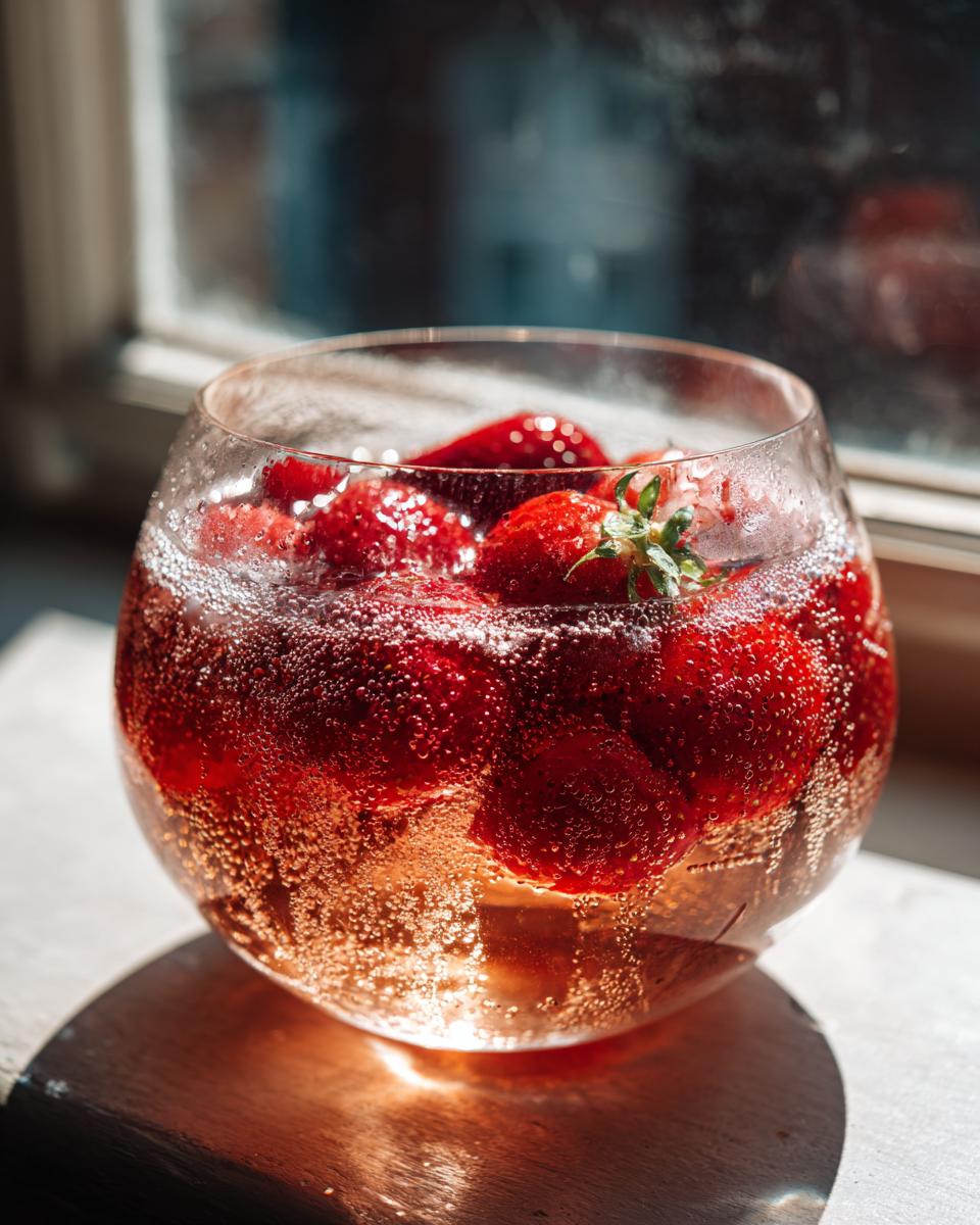 A glass bowl filled with Easy & Festive Strawberry Champagne Punch, featuring whole strawberries and bubbly champagne.