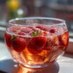 Close-up of Easy & Festive Strawberry Champagne Punch in a glass bowl with whole and sliced strawberries.