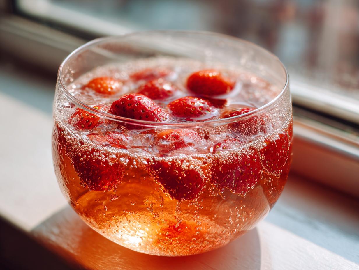 Close-up of Easy & Festive Strawberry Champagne Punch in a round glass, showcasing fresh strawberries and bubbles.